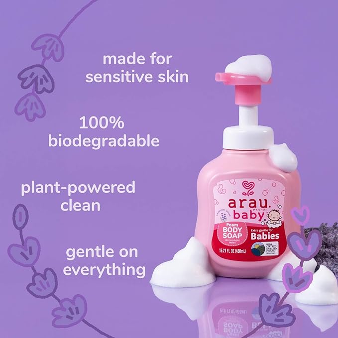 Arau Baby Foam Body Soap Lavender Scent, Natural Plant Based Baby Wash, No Artificial Fragrance or Additives, Gentle for Baby’s Sensitive Skin, Nourishing and Easy Rinse (15.21 Fl Oz)