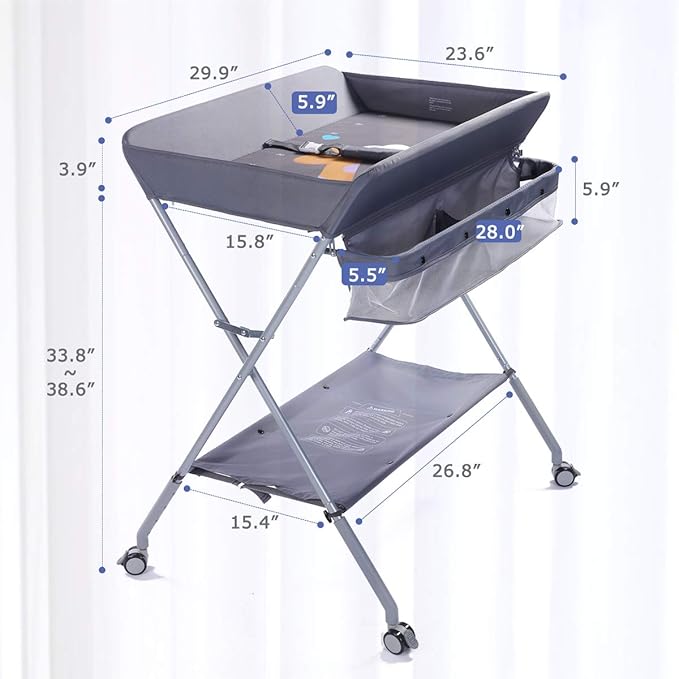 Baby Changing Table Portable Folding Diaper Changing Station with Wheels, Adjustable Height Mobile Nursery Organizer with Safety Belt and Large Storage Racks for Newborn Baby and Infant, Gray