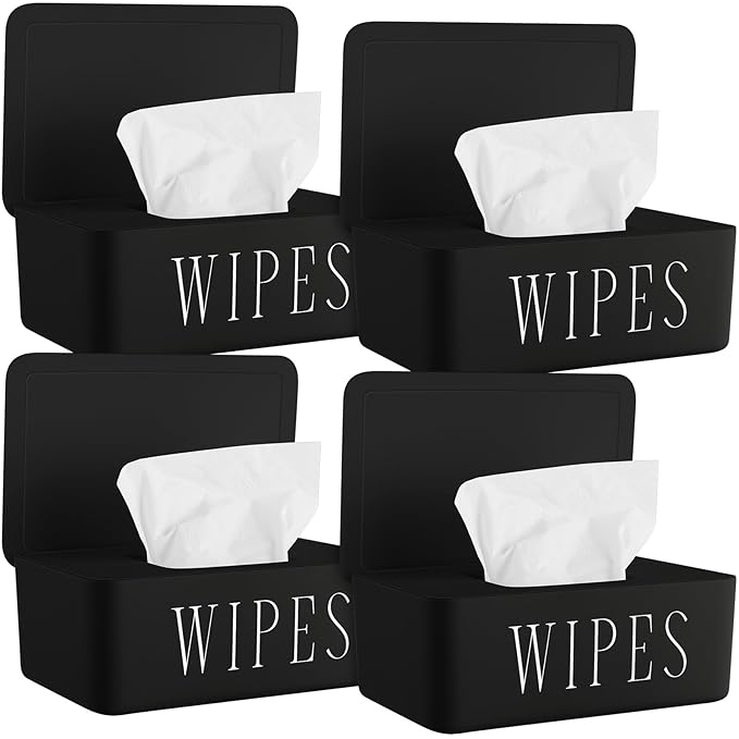 4 Pack Baby Wipes Dispenser Refillable Wipe Holder with Lid Toilet Wipes Container for Bathroom Tissue Paper Storage Box for Home Office (Black)
