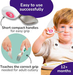 doddl Toddler Utensils, Ergonomic Fork Spoon and Knife Set for Self Feeding, Stainless Steel Silverware for 1-3 Year Olds, BPA Free, Dishwasher Safe (Magenta)