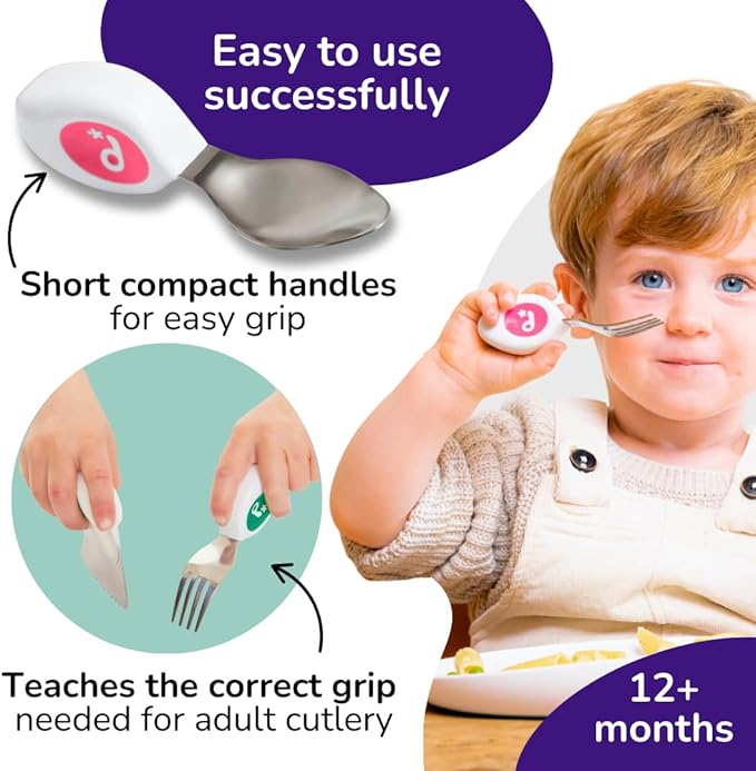 doddl Toddler Utensils, Ergonomic Fork Spoon and Knife Set for Self Feeding, Stainless Steel Silverware for 1-3 Year Olds, BPA Free, Dishwasher Safe (Magenta)