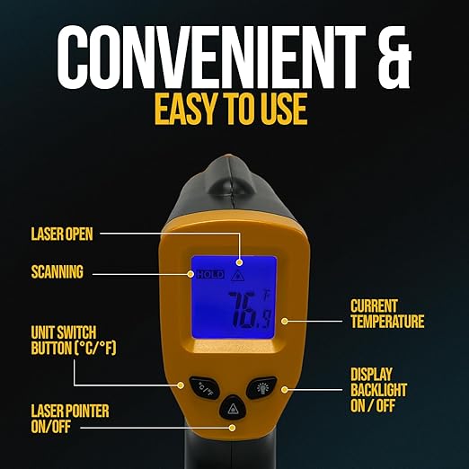 Infrared Thermometer Gun - Digital Food & Surface Temp Gun (-58F to 1022F) for Pizza Oven, Grill, Meat, HVAC, Engine
