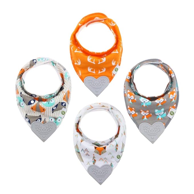 Pickle & Olive Baby Bandana Teething Bibs with Attached Teether - Set Of 4 - Orange Fox
