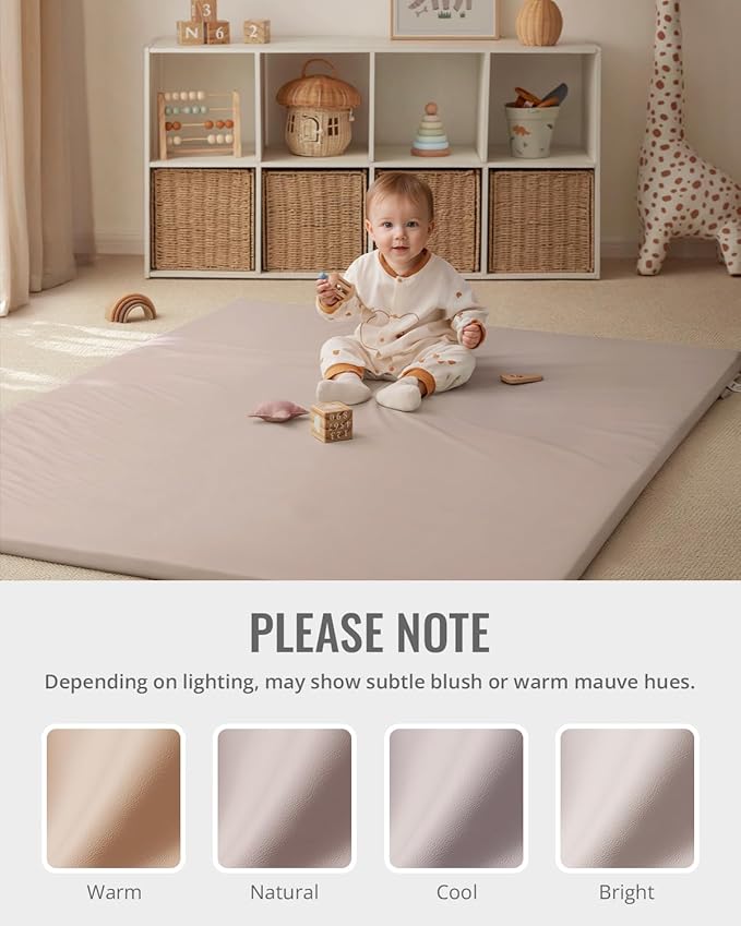 Blissful Diary Vegan Leather Baby Play Mat, 50x50 Thicken Foam Cushioned & Waterproof Playpen Mat for Infants and Toddlers, Stylish and Just Wipe-Clean Playmat for Baby Play on Floor, Taupe