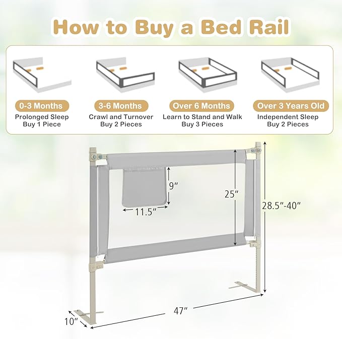 HONEY JOY Bed Rail for Toddlers, 47-Inch Extra Long, Portable Safety Bed Guard Rail w/Side Pocket, Toddler Bed Rails for Crib, King Queen Full Twin Size Bed Mattress (Gray)