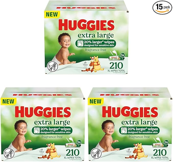 Huggies Extra Large Baby Wipes, Unscented, 15 Flip-Top Packs, 630 XL Wipes Total, Packaging May Vary (Pack of 3)