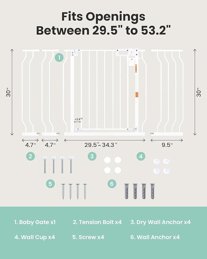 Mom's Choice GROWNSY Baby Gate, 30.5"-53" Auto-Close Dog Gate for Stairs & Doorways, Pressure-Mounted Easy Install Baby Gate - No Drill, Walk Through, Safe & Durable