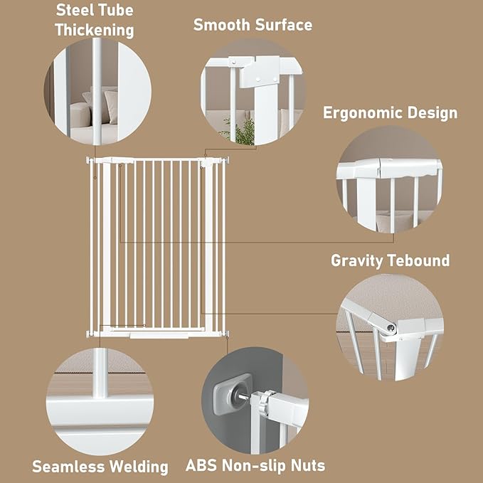 WAOWAO 40.55" Extra Tall 1.37" Ultra Narrow Spacing 53.74-61.61" Extra Wide Dogs Pets Baby Gate Safety Indoor Puppy Pressure Mounted Gate No Drill White Metal for Stairs,Doorways,Kitchen,Hallway