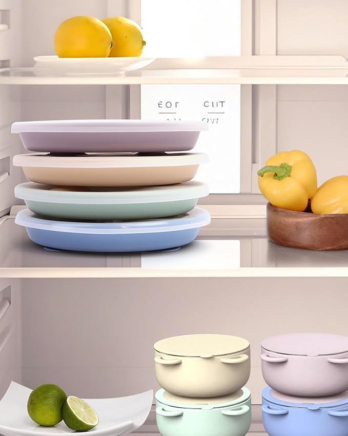 Stainless Steel Toddler Suction Plate with Lid, Deepened 9" Divided Plates with Removable Silicone Sleeves for Kids, Non Toxic Unbreakable Snack Dishes Set of 4, Sage Blue Beige Lilac