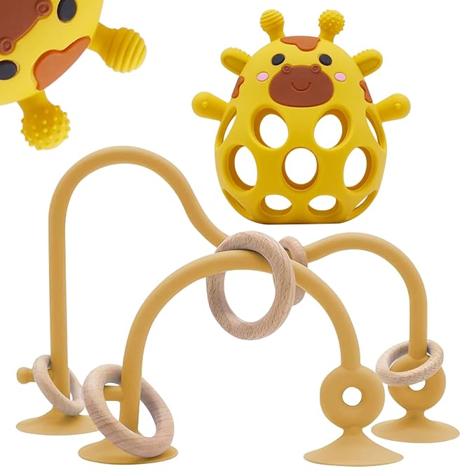 Baby High Chair Toys Teething Chew - Baby Table Toys, High Chair Suction Toy Teething Toys Silicone Teethers, Food Grade Silicon for 6 12 18 Months Yellow