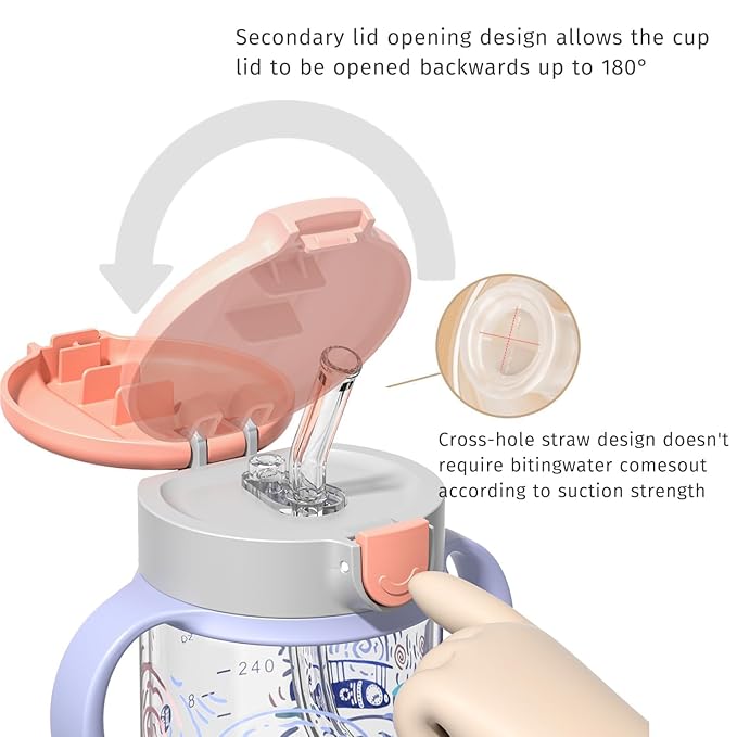 Evorie Tritan Spill Proof Toddler Straw Sippy Cup, 10 oz for Baby and Toddlers 1-3 Years Old, No Spill Straw Water Bottle with Removable Handles, Ideal for School, BPA-Free, Travel in Space