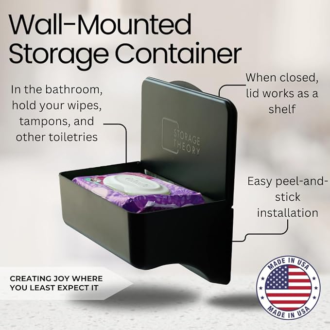 Wipe Holder for Bathroom – Adhesive Wall Mount Organizer for Wet Wipes – Bathroom Toilet Wipes Shelf & Baby Wipe Holder Dispenser, Organize Feminine Products – Black, 1 Pack