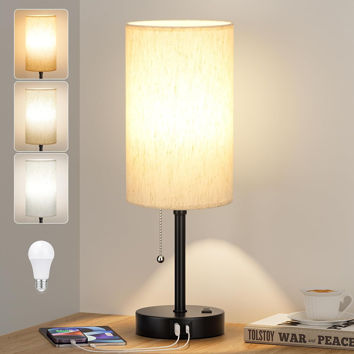 Pull Chain Table Lamp for Bedroom - 3 Color Temperatures, USB A + C Charging, AC Outlet, 17.4 inch Tall Bedside Lamp with E26 LED Bulb