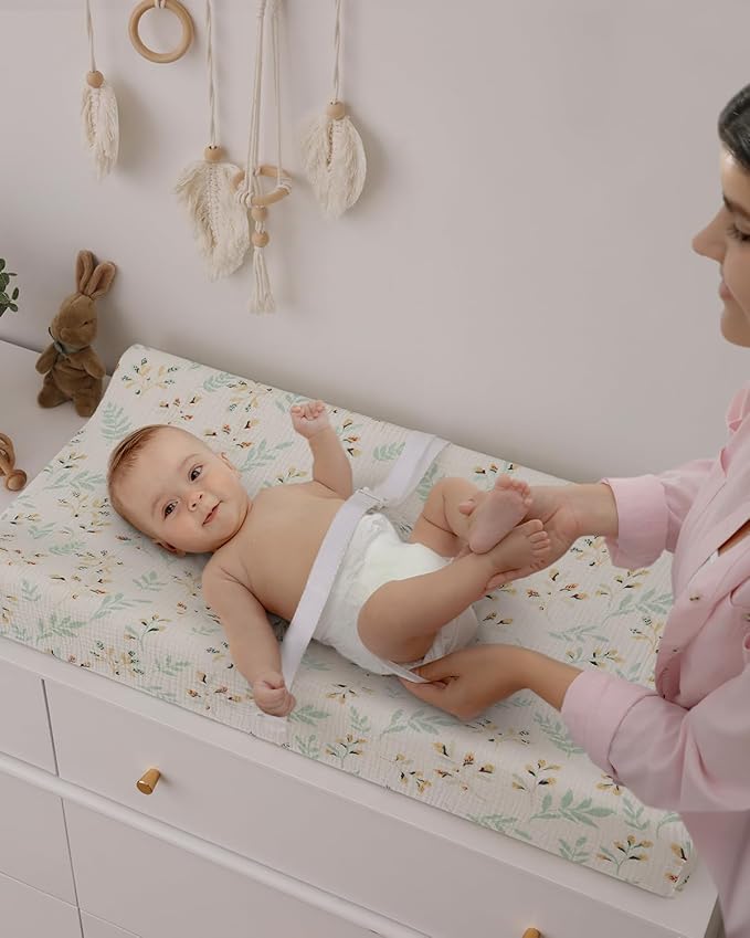 Blissful Diary Muslin Changing Pad Cover for Girls Boys, Ultra Soft Breathable Cotton, Baby Diaper Change Table Pad Covers, 2Pack (Roman Green&Leaf)