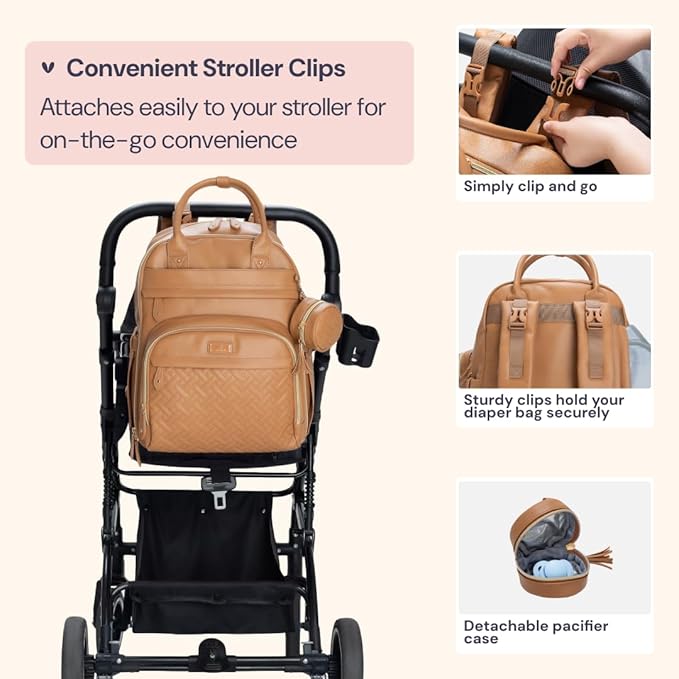BabbleRoo Leather Diaper Bag Backpack - Baby Essentials Travel Baby Bag, Multi function, Waterproof, with Changing Pad, Stroller Straps & Pacifier Case – Unisex, Light Brown