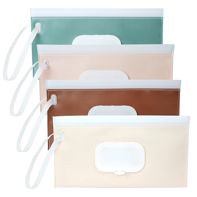 4 Pack Wipes Dispenser, Seposeve Portable Baby Wipe Case, Refillable Baby Wipes Container, Wipe Holder, Keeps Wipes Fresh, Reusable Wet Wipe Pouch for Outdoor Outing, Camping, Hiking. PureColor