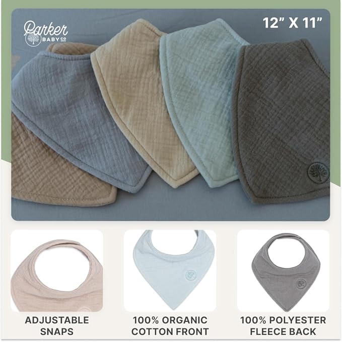 Parker Baby Muslin Bandana Drool Bibs | 100% Soft Muslin Cotton, Absorbent & Adjustable | Stylish Teething & Drooling Bibs