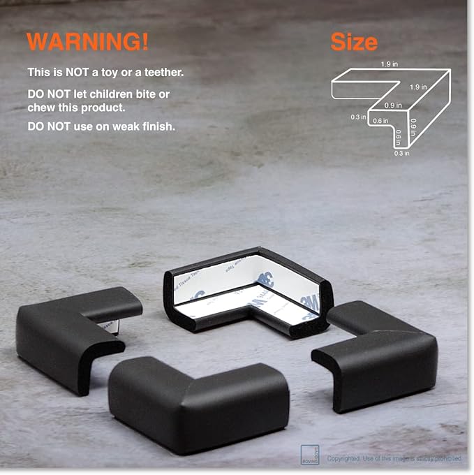 Roving Cove Slim-Fit Corner Protector for Baby Proofing (8 Small Corners), Soft Rubber Foam Furniture Corner Bumper Guards, 3M Adhesive Pre-Taped, Onyx Black