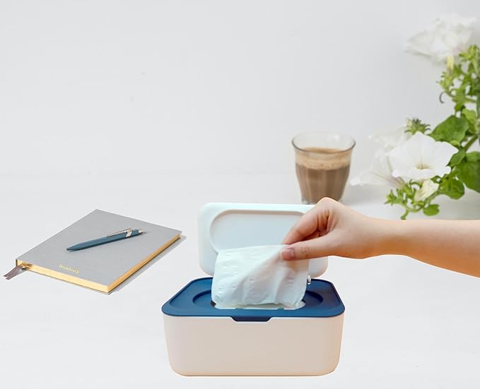 Wet Wipes Dispenser，Baby Wipe Holder with 2 Pcs Portable Travel Wipes Container，refillable wipes container with Moisture Resistant Seal for travel, Office and Home.（Blue）