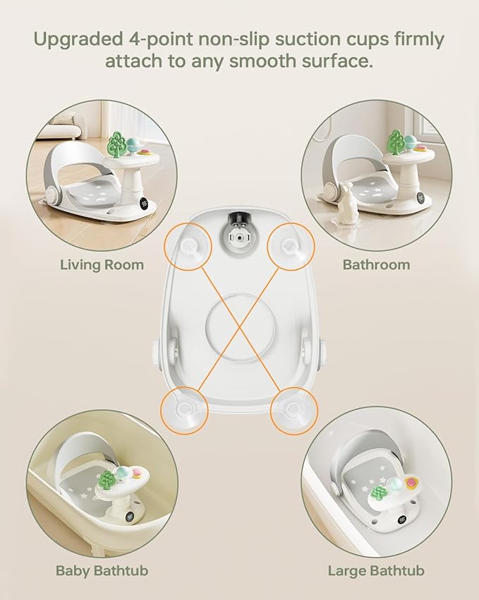 Baby Bath Seat for Babies 6 Months & Up Bath Seats for Babies Sitting Up Non-Slip Infant Bathtub Chair with Suction Cups & Water Thermometer for Toddlers Sitting Up, Easy to Clean (Gray)