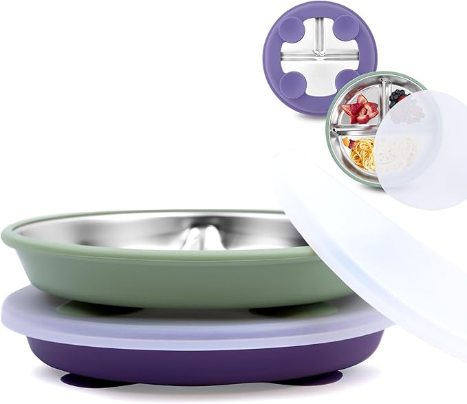 Stainless Steel Toddler Suction Plate with Lid, Deeper 9" Divided Plates with Removable Silicone Sleeves for Kids, Non Toxic & BPA Free | Unbreakable Baby Snack Dishes Set of 2, Green & Purple