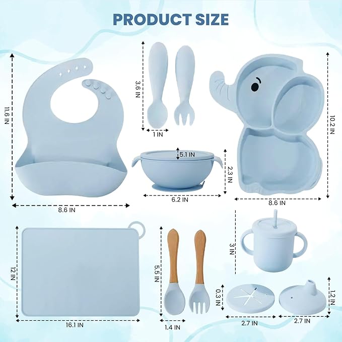 Silicone Baby Feeding Set 15-Piece BPA-Free Baby Led Weaning Kit for 6+ Months – Elephant Suction Plate, Bowl, Forks, Spoons, Bib, Cup, lids, Teether & More – Gift Kraft Box – Baby Registry Blue Gray