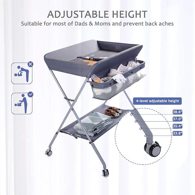 Baby Changing Table Portable Folding Diaper Changing Station with Wheels, Adjustable Height Mobile Nursery Organizer with Safety Belt and Large Storage Racks for Newborn Baby and Infant, Gray