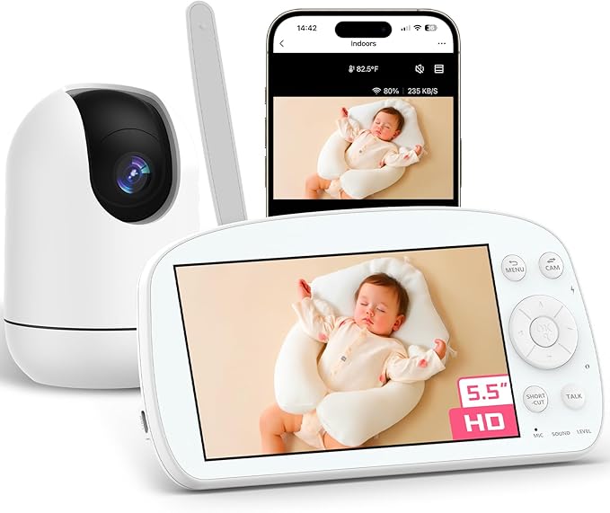Smart WiFi Baby Monitor with Camera and Audio, 5.5” 1080P Wall-Mountable Display, 360° Pan & Tilt, HD Night Vision, Soothing Music, Multi-User Support, Two-Way Talk, Temperature & Motion Detection