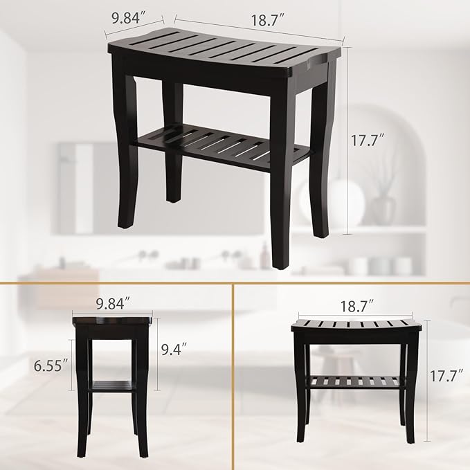 VVW 19 Inch 2-Tier Bamboo Shower Bench - Bathroom Bench Seat with Storage Shelf, Wooden Spa Seat with Non-Slip Feet Bath Stool for Adults Women Elderly, (Black)