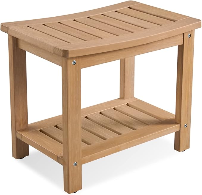 Psilvam Poly Lumber Shower Bench, Shower Stool with Storage Shelf, Water Resistant & Non-Slip Design Shower Seat for Bathroom, Living Room, Bedroom 21 1/4"×14"×18 1/2"（Teak Color）