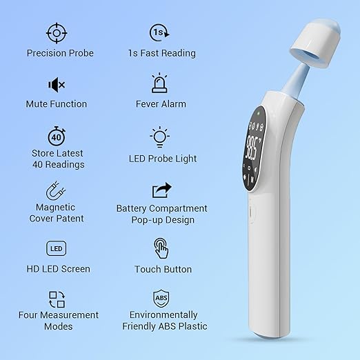 Thermometer for Adult and Kid, Ear and Forehead Thermometer - Fever Alarm, 1 S Reading, Mute Function, ℉/℃ Swichable, 40 Readings Memory, Magnetic Cover, LED Probe Light, HD LED Screen