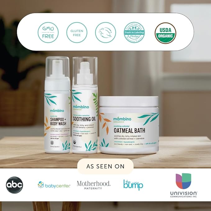 Mambino Organics Soothing Bath Set, Organic Oatmeal Bath Soak, Soothe Me Shampoo & Body Wash, and Calming Oil, Gentle for Sensitive Skin, Vegan, Baby Bath Essentials, 3-Pack, 5.5 oz Each