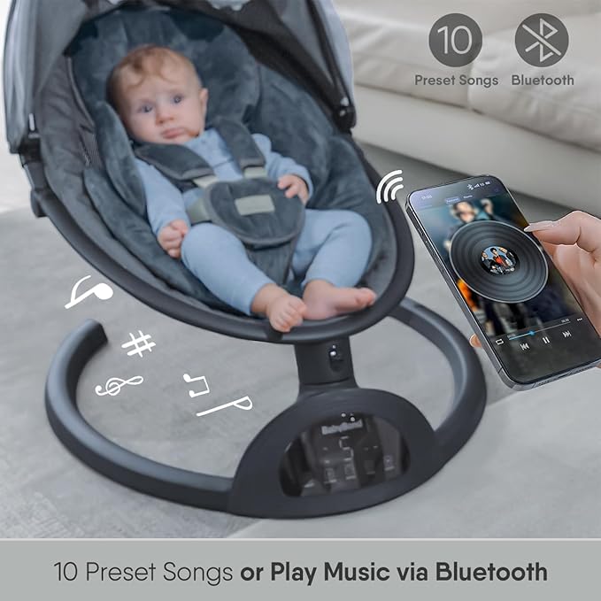 BabyBond Baby Swings for Infants, Bluetooth Infant Swing with Music Speaker, 3 Seat Positions, 5 Point Harness Belt, 5 Speeds and Remote Control - Portable Baby Swing for Indoor and Outdoor (Black)