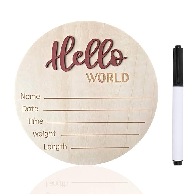 Baby Announcement Sign, 5.9 Inch Wooden Hello World Newborn Signs, Birth Announcement Sign, Baby Shower Hospital Nursery for Newborn Boys and Girls (Tea Red,Pen)