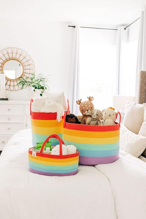 OrganiHaus Tall Rainbow Rope Blanket Basket for Living Room Decor, Cute Woven Baby Laundry Basket, Baby Nursery Hampers for Toys, Kids Laundry Hamper for Dirty Clothes, Decor for Kids Classroom