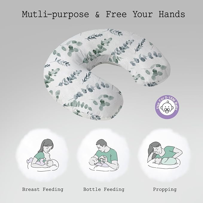 Little Grape Land Nursing Pillow, Soft 100% Cotton Breastfeeding Pillow with Breathable Muslin Removable Cover, Green Leaves Breast Feeding Pillows for Babies 0-12 Months with Protective Zipper