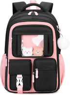 Kids Backpack for Girls School Bags for Middle School Students Book Bag for Elementary Primary Kawaii Ita Backpack, Black and Pink