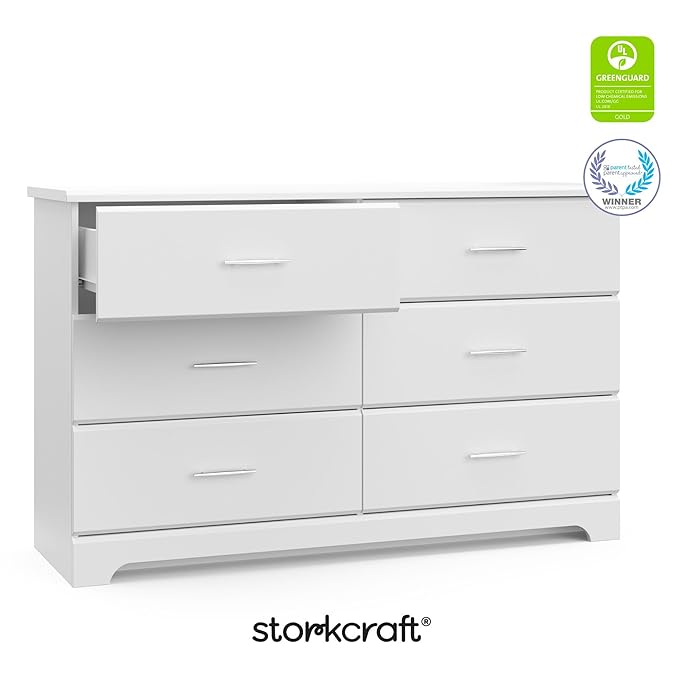 Storkcraft Brookside 6-Drawer Dresser (White) – GREENGUARD Gold Certified, White Dresser for Bedroom, Kids & Nursery Storage Chest, Safety Interlocking Drawers, Pre-Installed Tracks, Kids Chest