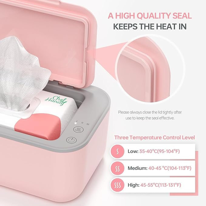 Chefhandy Baby Wipe Warmer, 3-Level Temperature Control, Quiet & Even Heating, Large Capacity for Easy Diaper Changes, Pink