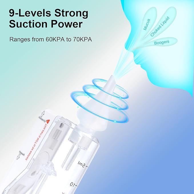 Nasal Aspirator for Baby, 9-Levels Suction Rechargeable Baby Nose Sucker with Waterproof Pump, Snot Sucker for Baby with Storage Compartment, 70KPA Baby Nasal Aspirator with Music& Tip-Light