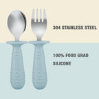 PandaEar 6 Pieces Baby Toddler Silicone Stainless Steel Utensils Silverware Spoon Fork for Baby Toddler BPA Free with Silicone Holding Anti-Choke Design (Blue Green Beige)