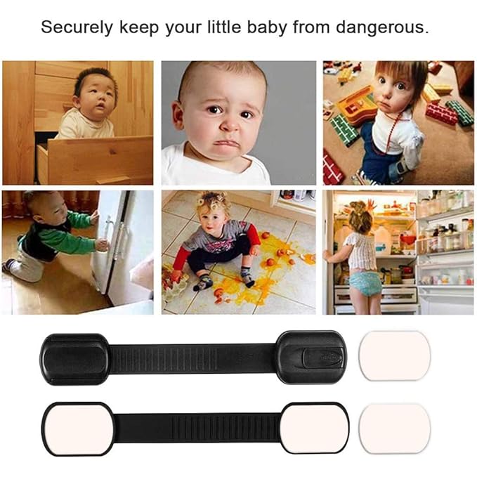 8 Pack Black Child/Baby Safety Cabinet Locks - Maveek Adjustable Strap Baby Proof Latches with No Trapped Fingers for Cupboard/Drawers/Closet/Toilet Seat/Oven and Fridge, Free 9 Extra Adhesive Pads