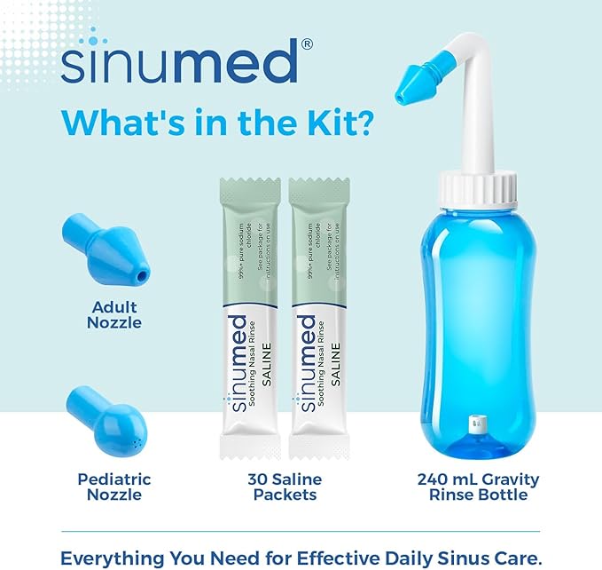 Sinus Rinse, 30PK Nasal Rinse Packets with Saline, Gravity Bottle, Alternative to Neti Pot, Helps with Allergy, Congestion, Cold Symptoms