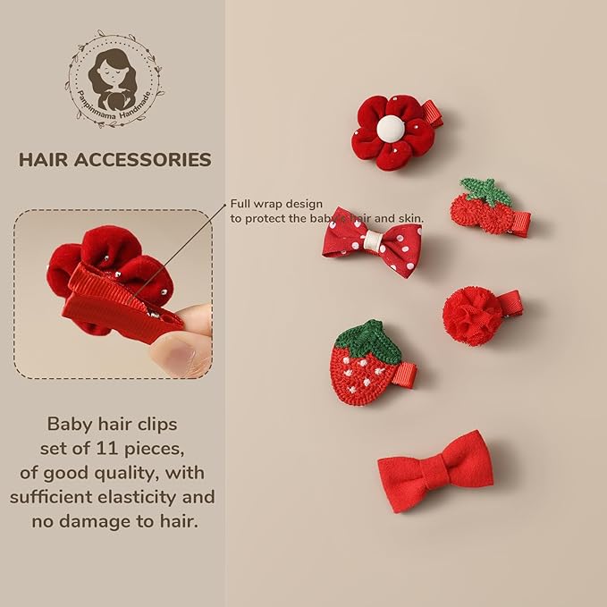 Baby Girl Hair Clips 11 Pack Toddler Hair Bows Christmas Set 2 '' Infant Fully Covered Red Barrettes for Babies Fine Hair