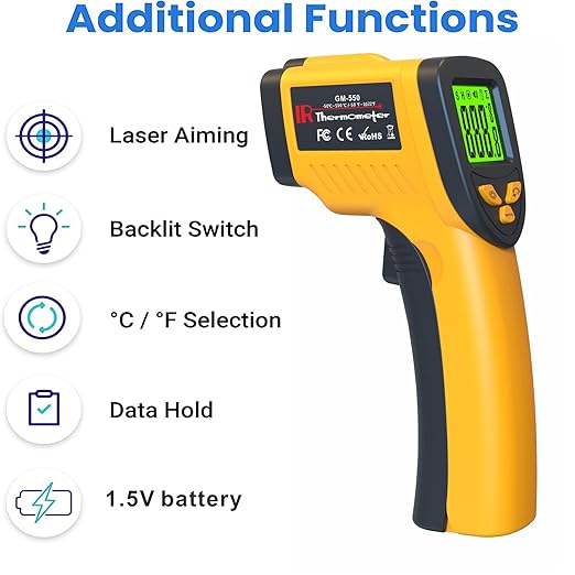 Infrared Laser Thermometer, Digital Infrared Laser Thermometer Gun with Adjustable Emissivity, IR Thermometer Temperature Gun for Cooking, Pizza Oven & Engine, -58℉～1022℉(-50℃～550℃)