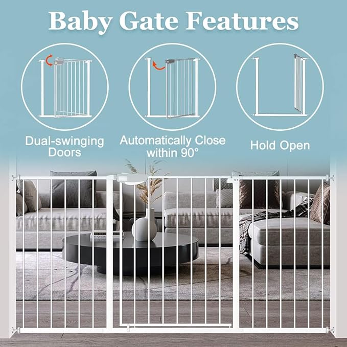 WAOWAO Triple Lock Baby Gate Extra Wide 53.93-57.87" Pressure Mounted Walk Through Swing Auto Close Safety White Metal Dog Pet Puppy Cat for Stairs,Doorways,Kitchen