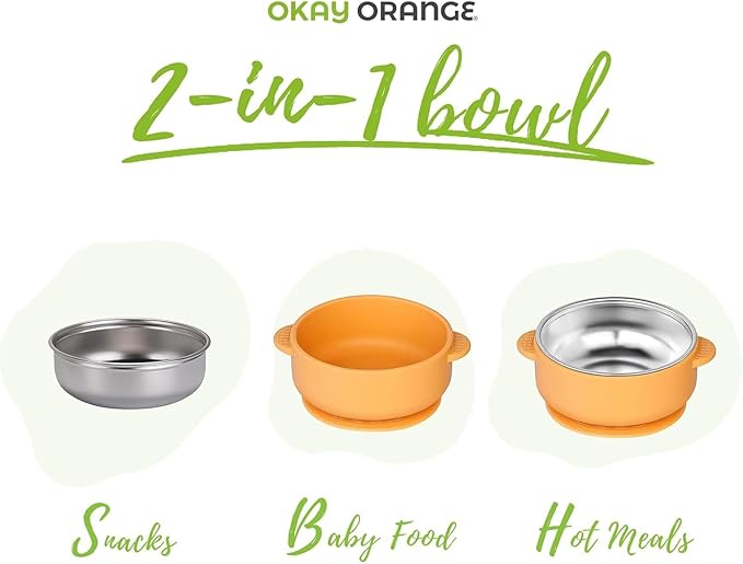 1 Pack Stainless Steel Toddler Suction Bowls for Baby Plates, 2-in-1 SUS304 Toddlers Bowl & Removable Silicone Suction Kids Bowl for Cereal | Snack | Anti-Scald Non-Toxic Suction Bowls