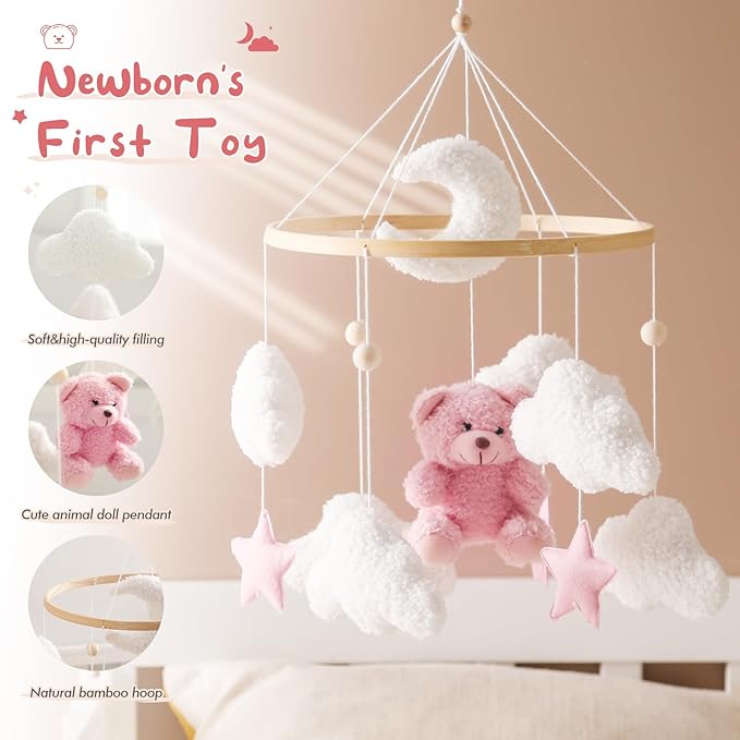 Baby Mobile for Crib Bear Cloud Crib Mobile Handmade Furry Nursery Mobile Gender Neutral Crib Toy Hanging for Nursery Decor Accessories