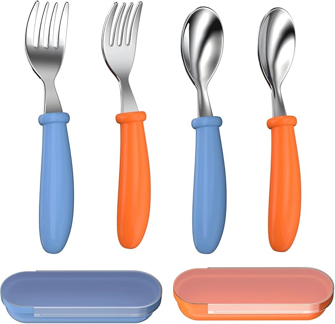 Toddler Utensils, Toddler Forks and Spoons, Baby Stainless Steel Silverware Set with Storage Box for Self Feeding Safe, Dishwasher Safe (2 Set with Case)