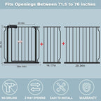 Extra Wide Baby Gate 71.6-76.37 Inch Black, Walk Through Pressure Mounted No Drill Long Large Tension Metal Gate for Dog and Toddler